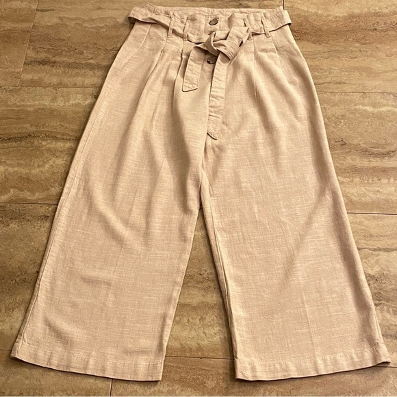 Streetwear Society Capri Crop Pants Size S Wide Legs Tan Viscose Linen Blend - Picture 1 of 9